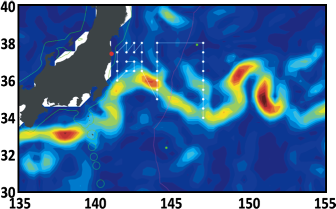 Map showing the sample locations associated with the KOK cruise in June 2011. The color contours show mean sea surface height during the cruise and illustrate the position of the Kuroshio current.