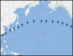 Map showing the sampling locations associated with the OOCL Tokyo crossing of the Pacific in May of 2011.